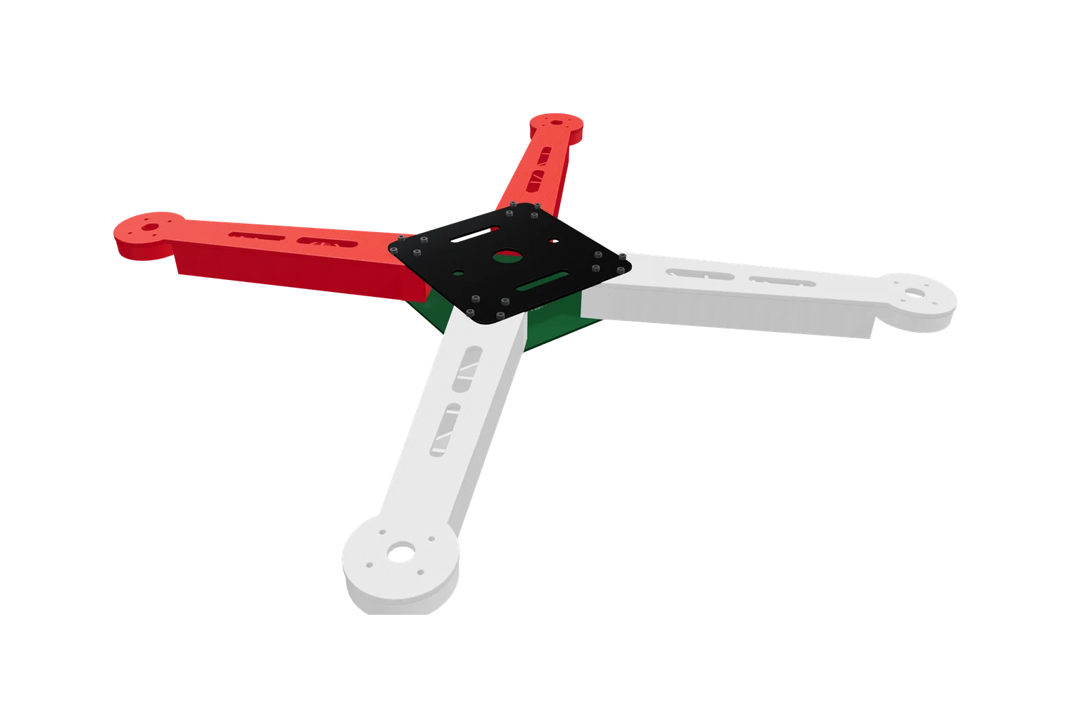 F450 quad frame, red front arms and white rear arms