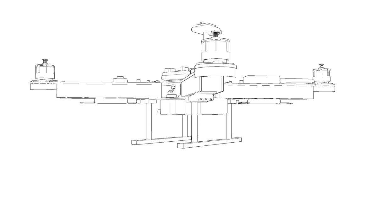 Line drawing of the quad from low down, the battery strapped under the frame