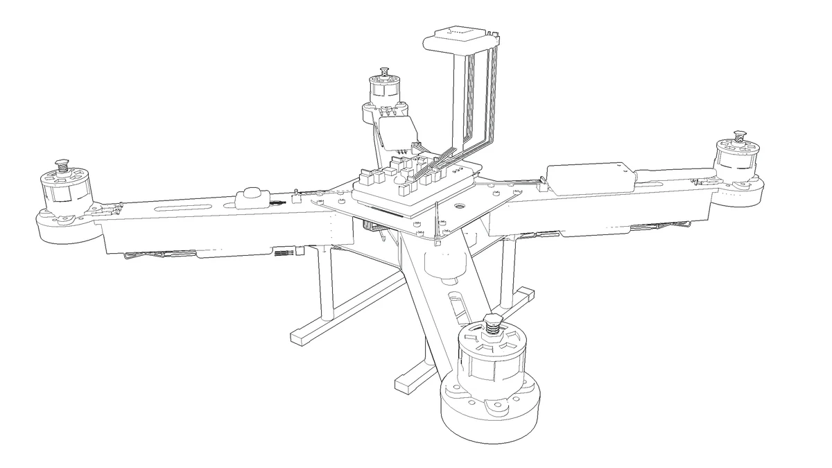 Line drawing of the quad with the flight controller, GPS mast and wiring