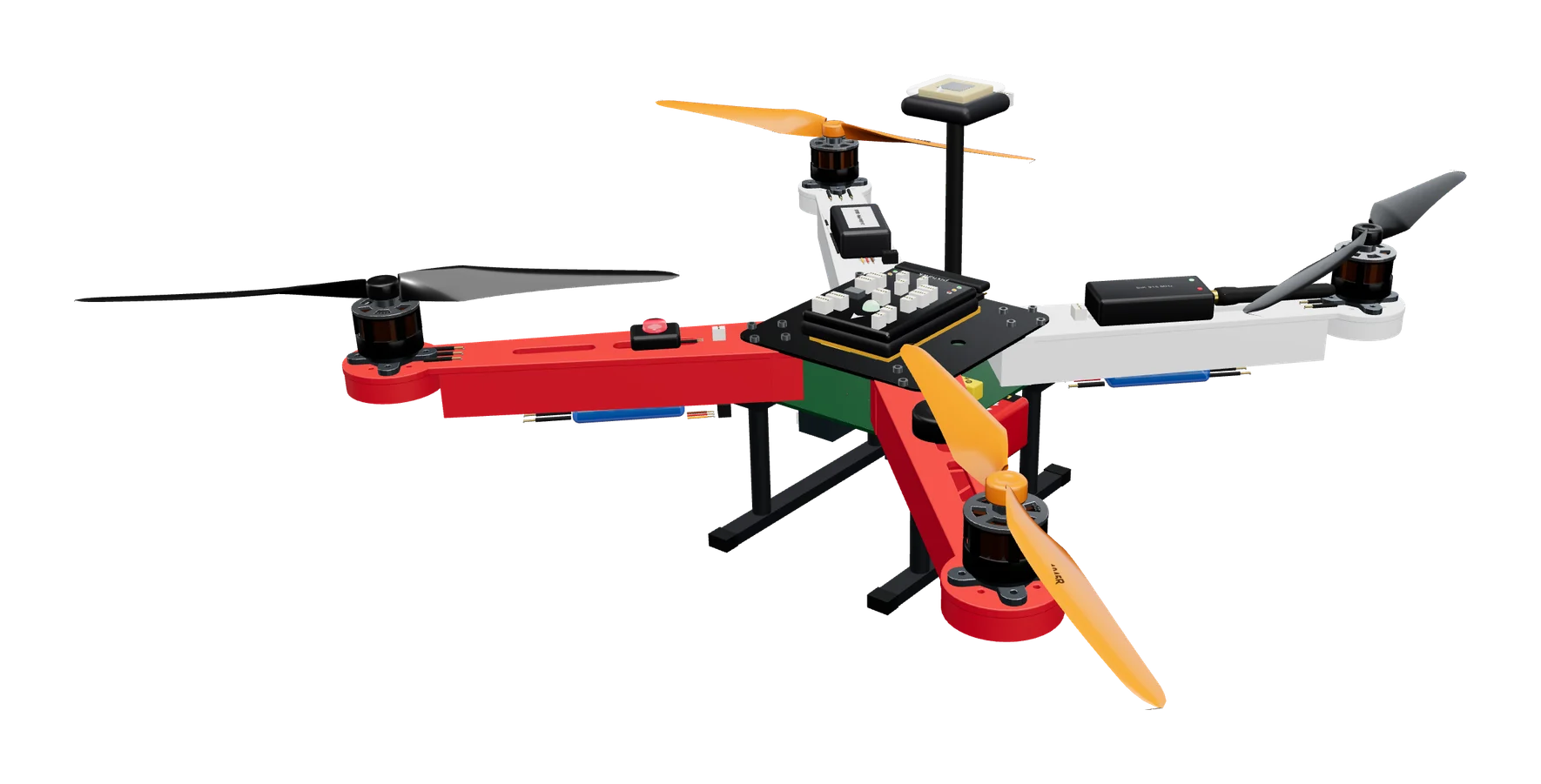 The finished F450 quad: motors, propellers, flight controller, GPS mast and black landing skids, its wiring tied in